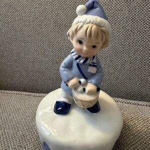 Porcelain Boy Figurine with Drum - Blue and White-works